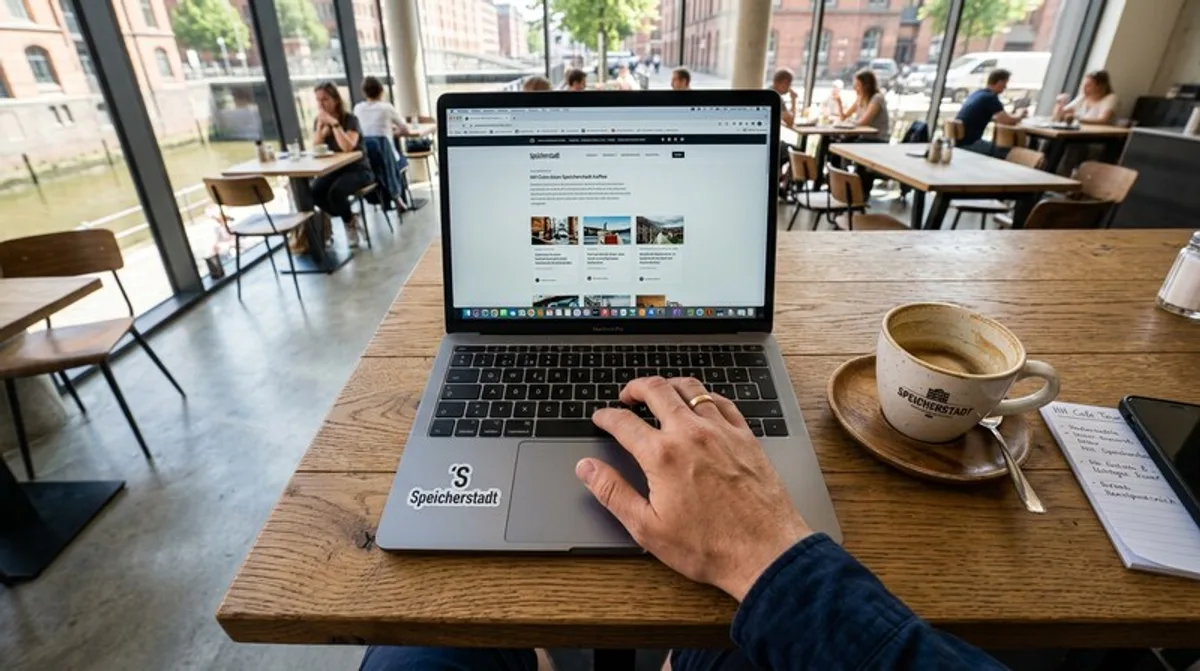 Hand haelt tasse laptop hintergrund cafe hamburg