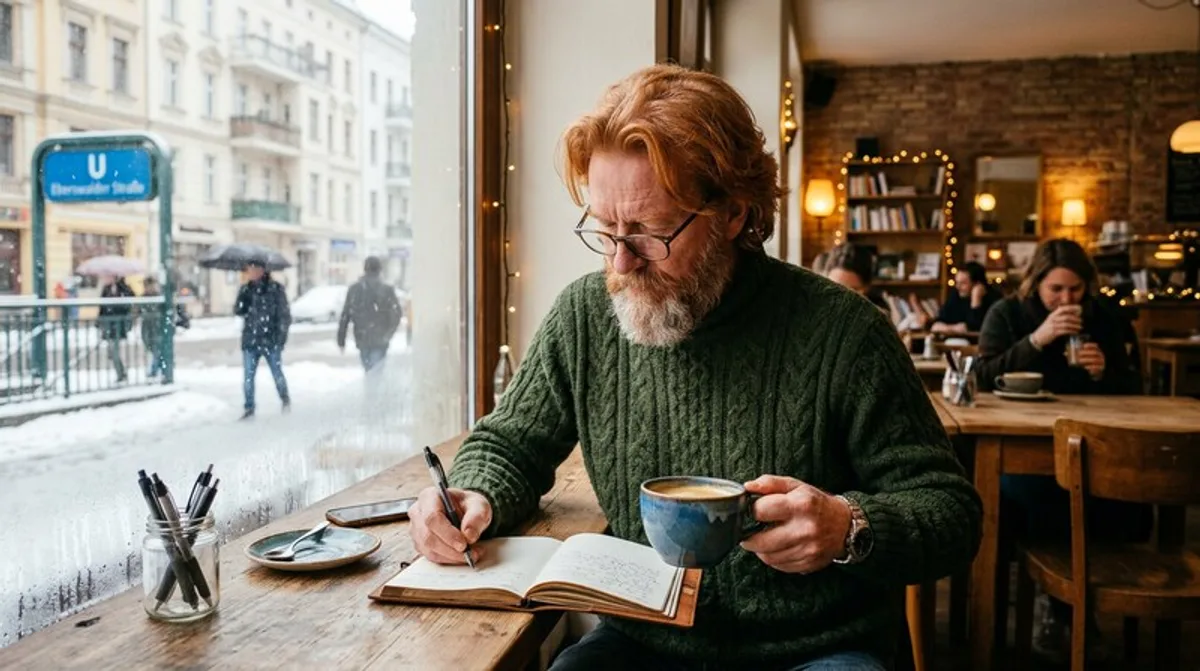 Handy mann und kaffeetasse cafe schreibtisch berlin