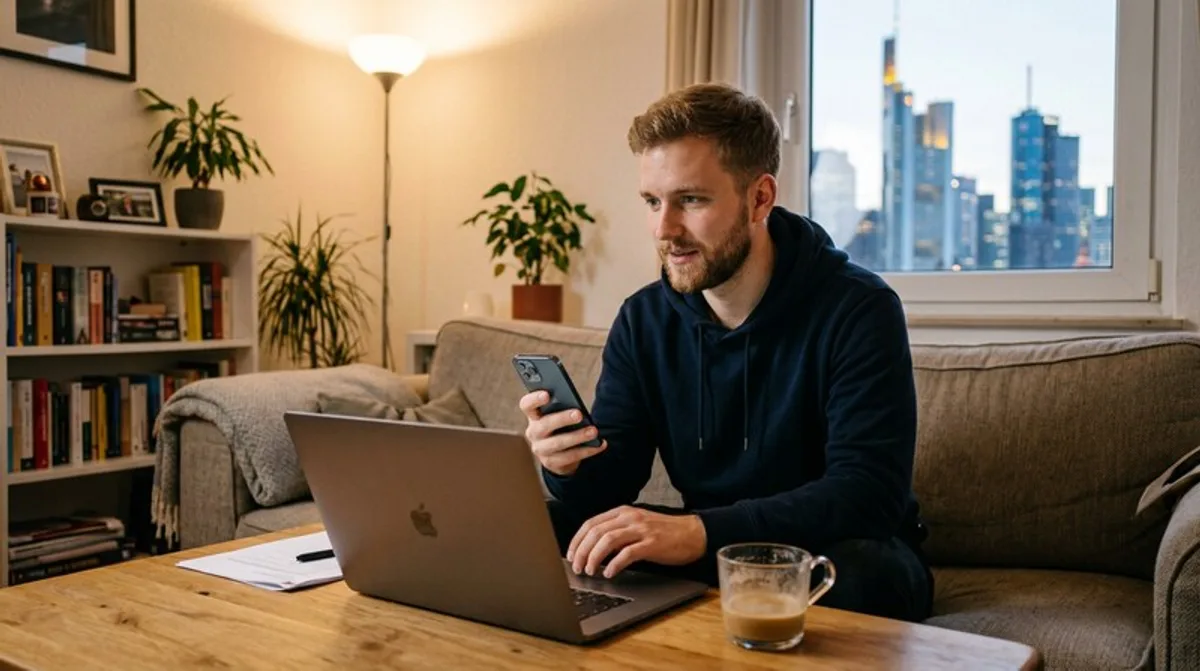 Handy mann wohnzimmer laptop daneben arbeitet frankfurt