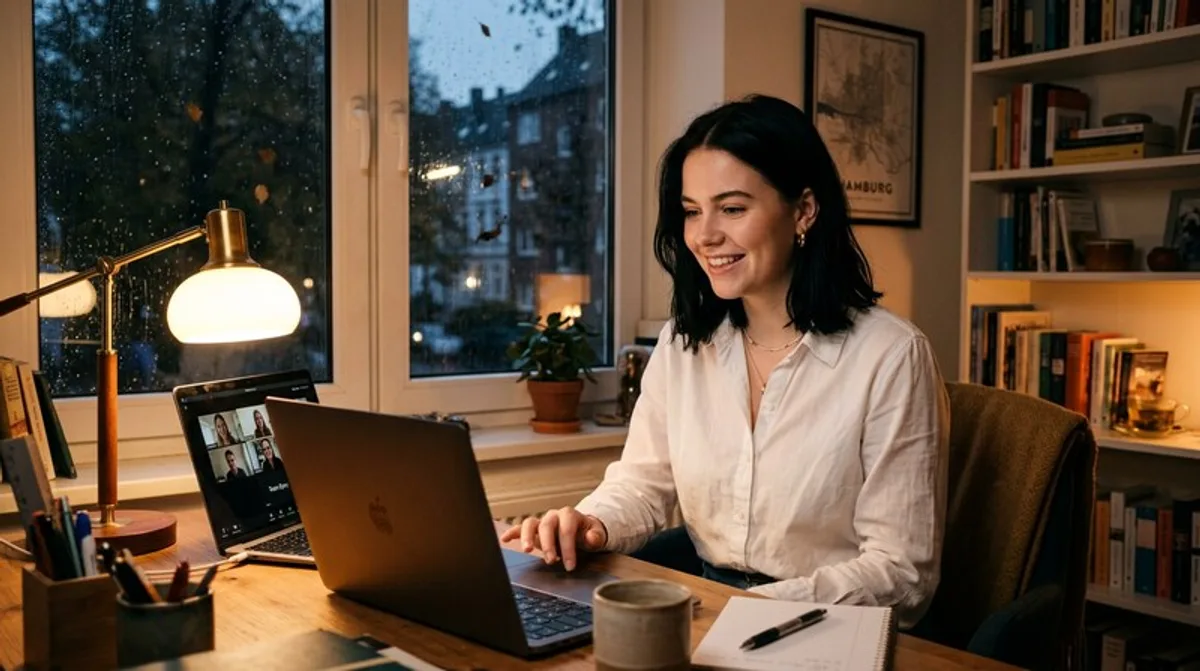 Headset frau laptop videomeeting home office hamburg