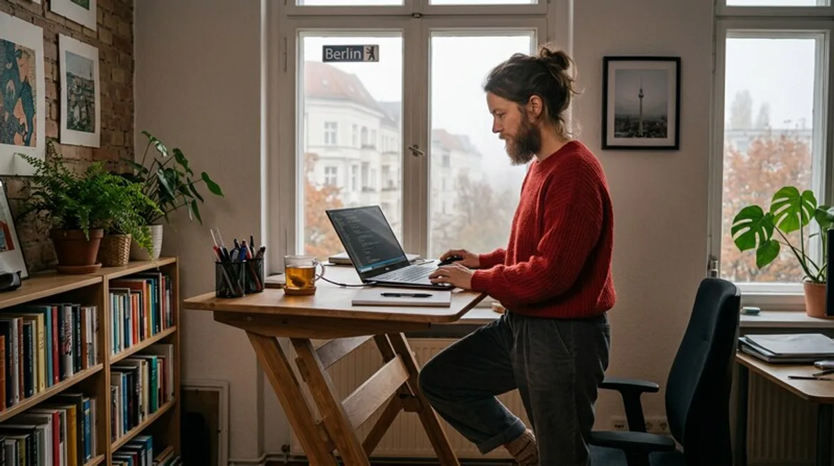 Homeoffice frau stehschreibtisch laptop hell berlin