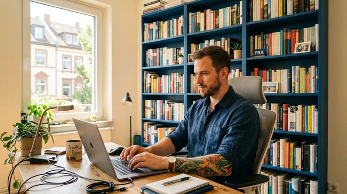 Homeoffice mann laptop regal buecher hintergrund frankfurt