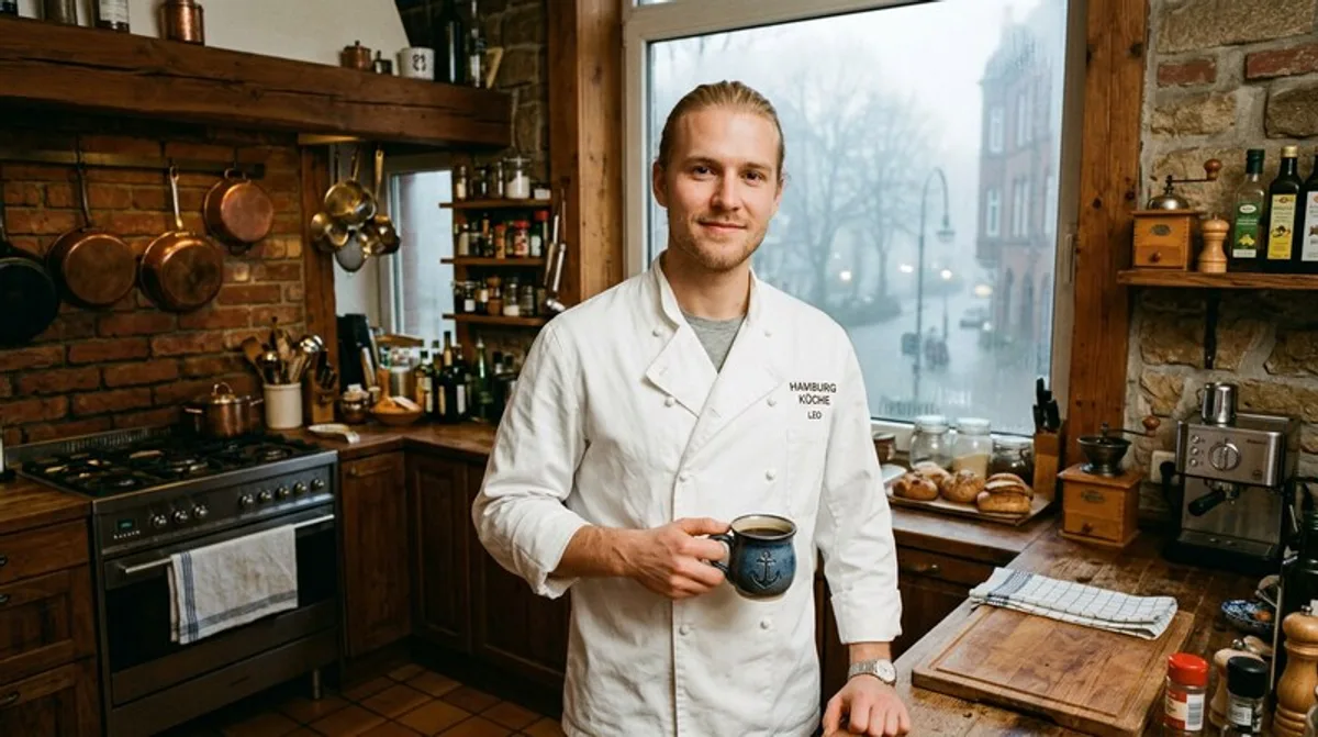 Kueche mann handy morgens kaffee daneben hamburg