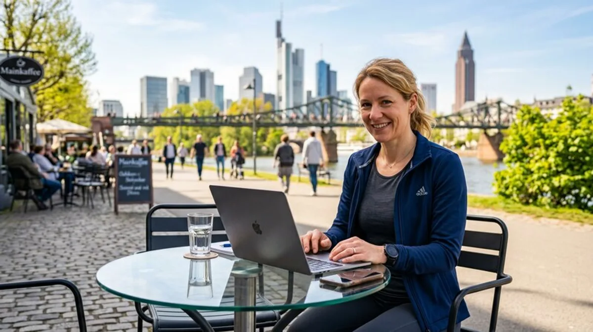 Laptop frau tisch glas wasser daneben frankfurt