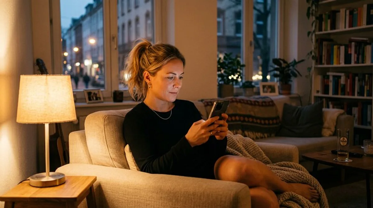 Wohnzimmer frau handy abends lampe licht koeln