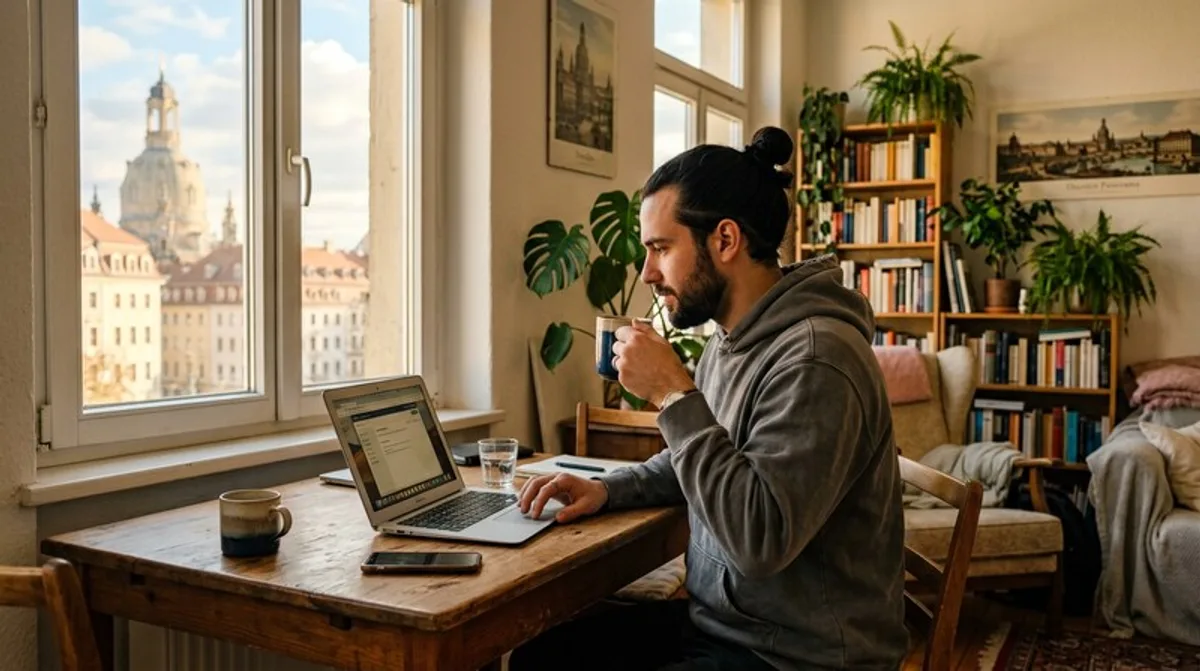 Wohnzimmer mann laptop kaffee morgens sonnenlicht dresden